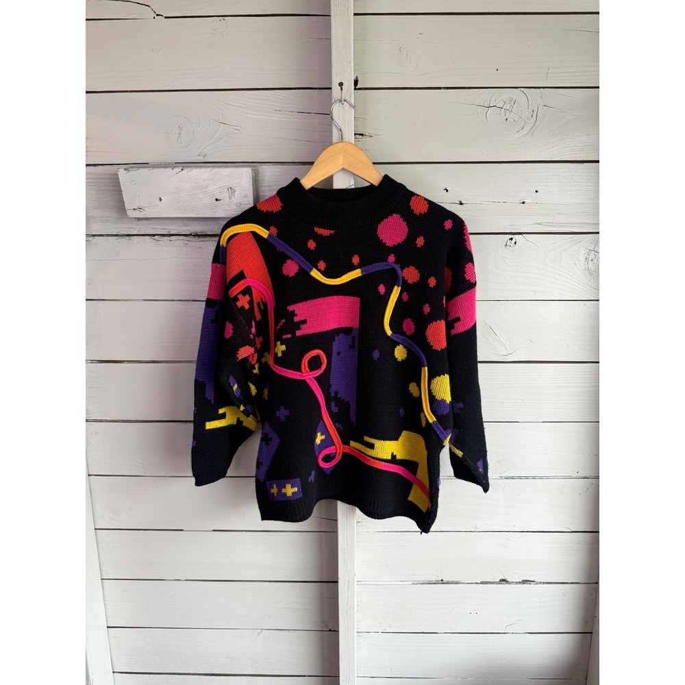 Vintage 80s Jamie Scott Abstract Geometric 3D Piping Knit Sweater Neon Black L